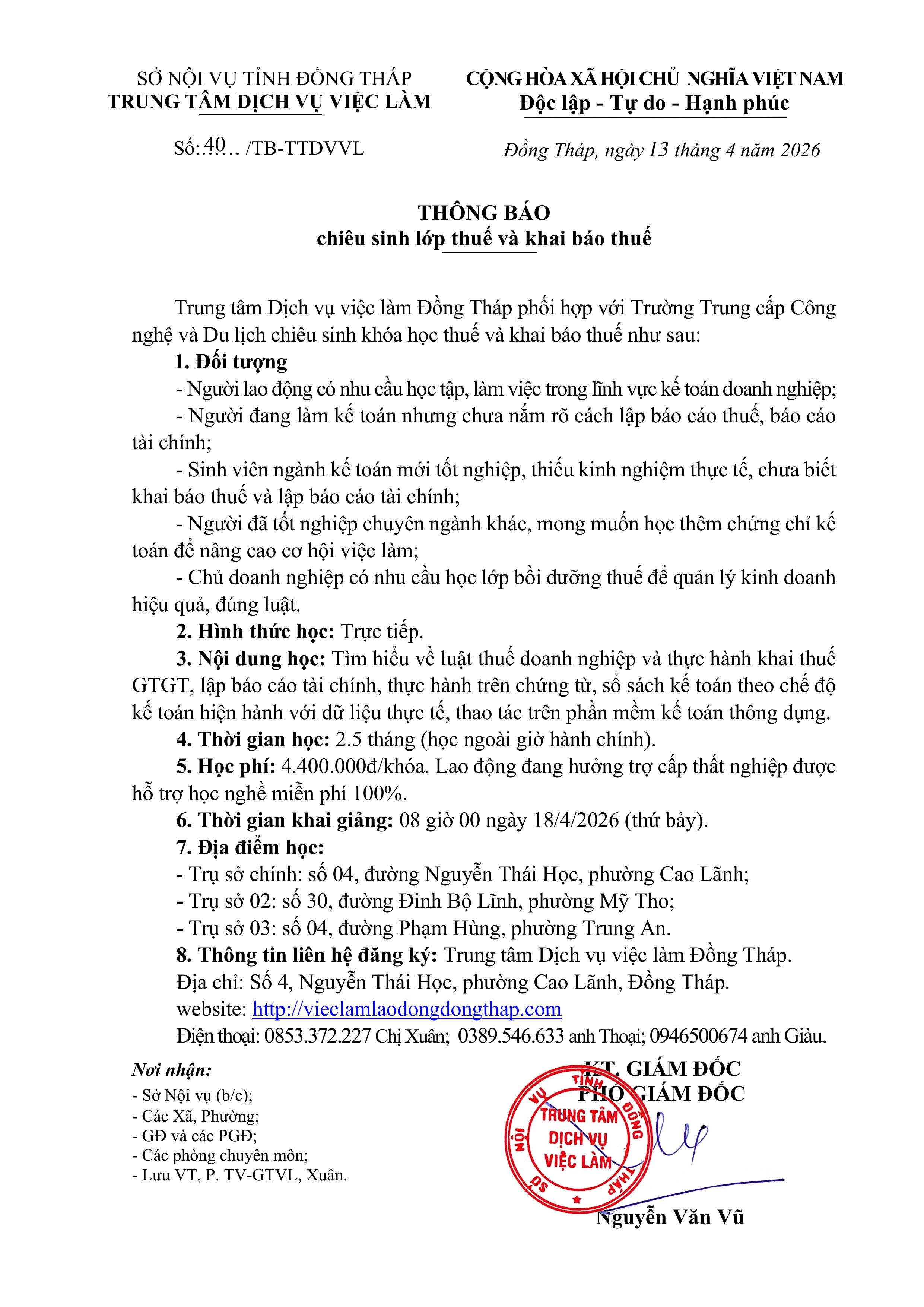 THÔNG BÁO CHIÊU SINH LỚP THUẾ VÀ KHAI BÁO THUẾ