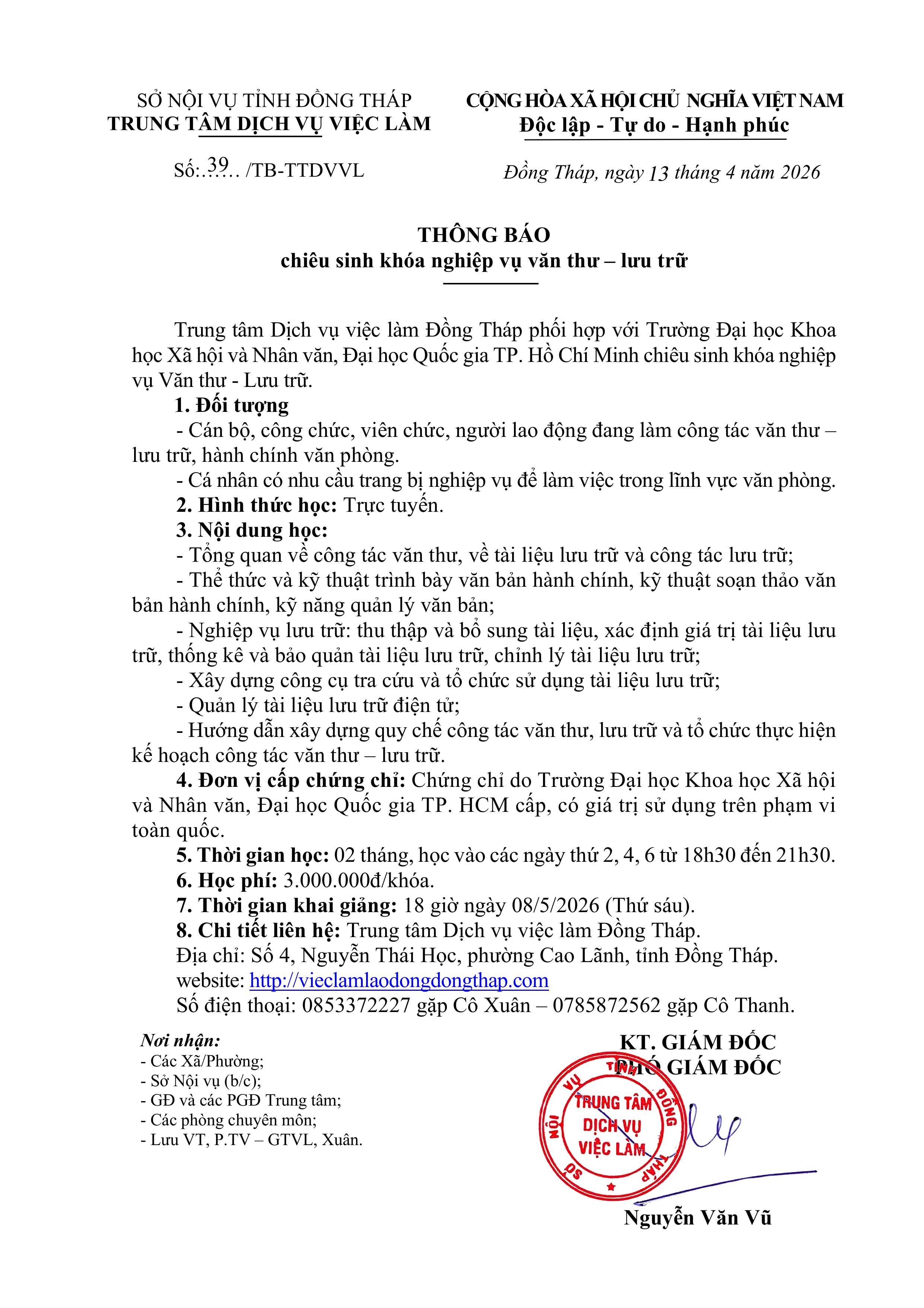 THÔNG BÁO CHIÊU SINH KHÓA NGHIỆP VỤ VĂN THƯ – LƯU TRỮ