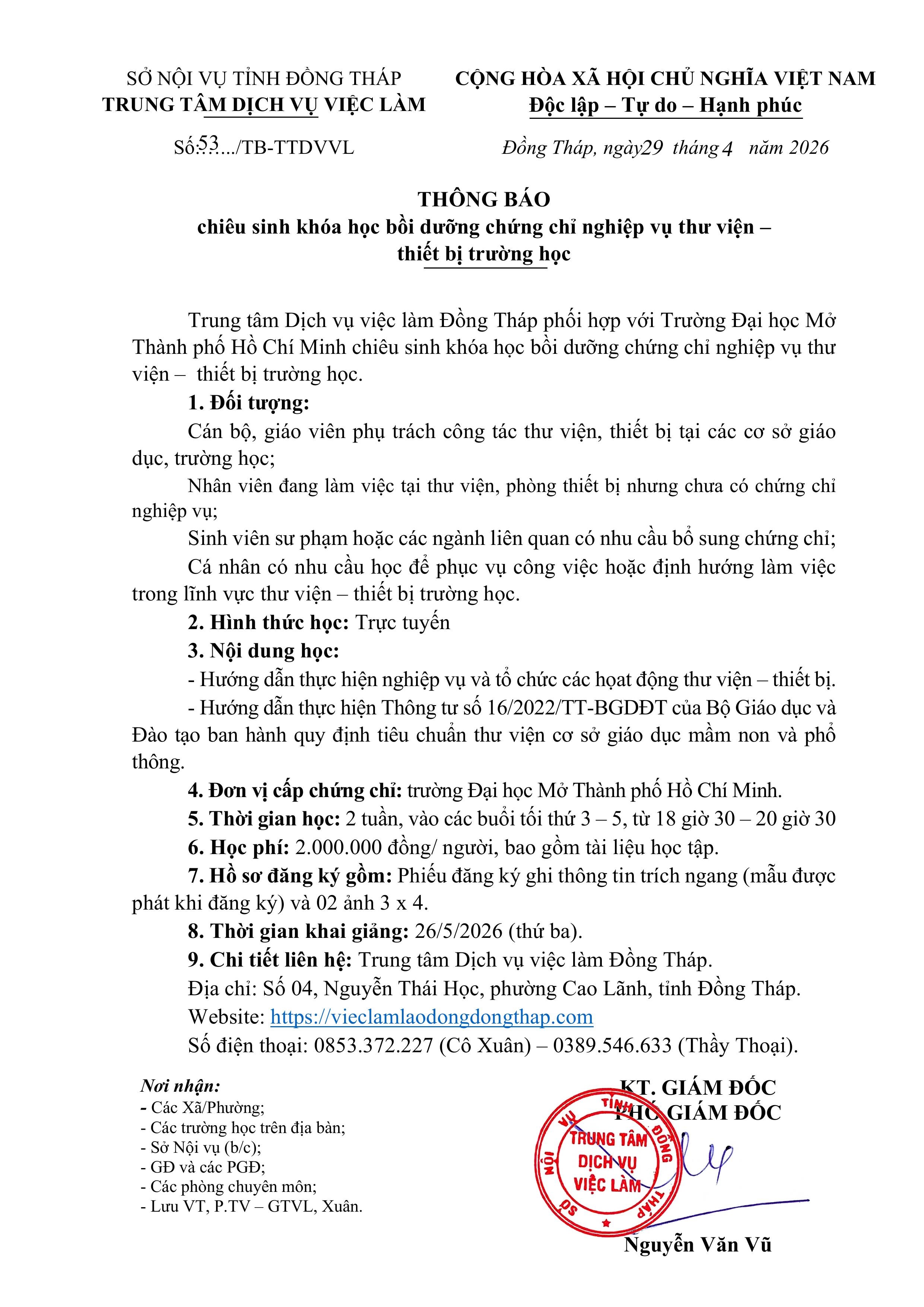 THÔNG BÁO CHIÊU SINH KHÓA HỌC BỒI DƯỠNG CHỨNG CHỈ NGHIỆP VỤ THƯ VIỆN – THIẾT BỊ TRƯỜNG HỌC