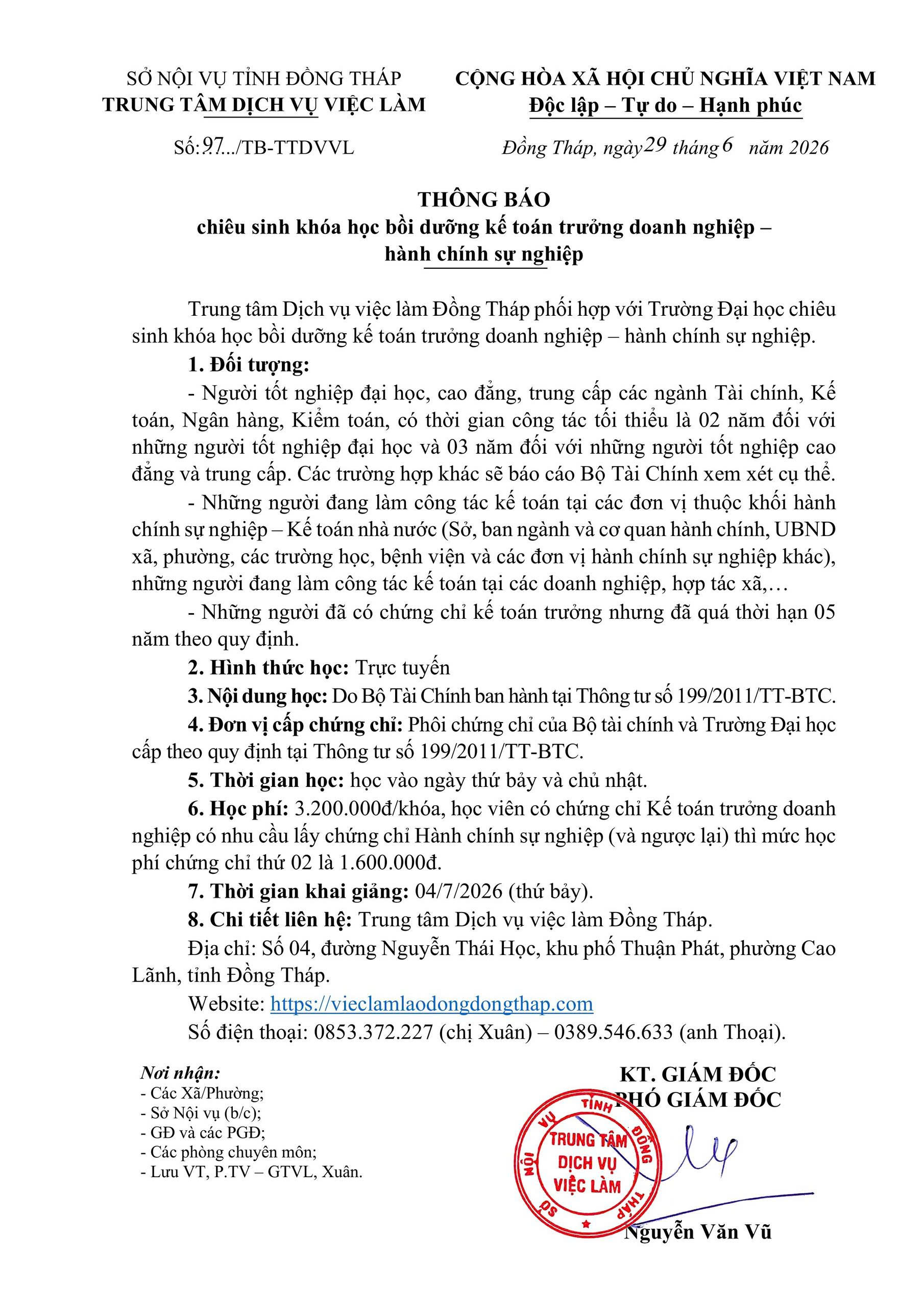 THÔNG BÁO CHIÊU SINH KHÓA HỌC BỒI DƯỠNG KẾ TOÁN TRƯỞNG DOANH NHIỆP – HÀNH CHÍNH SỰ NGHIỆP
