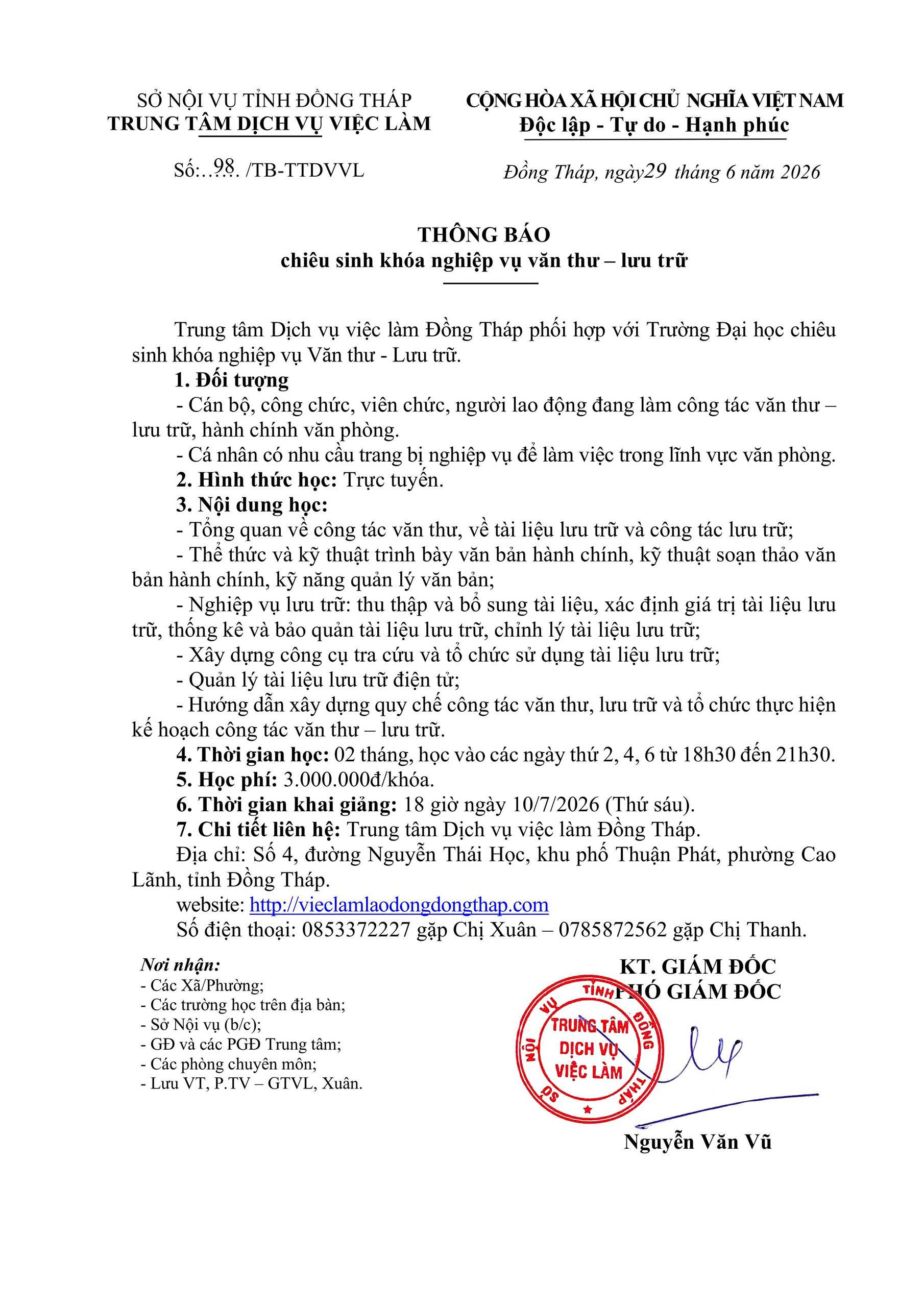 THÔNG BÁO CHIÊU SINH KHÓA NGHIỆP VỤ VĂN THƯ – LƯU TRỮ
