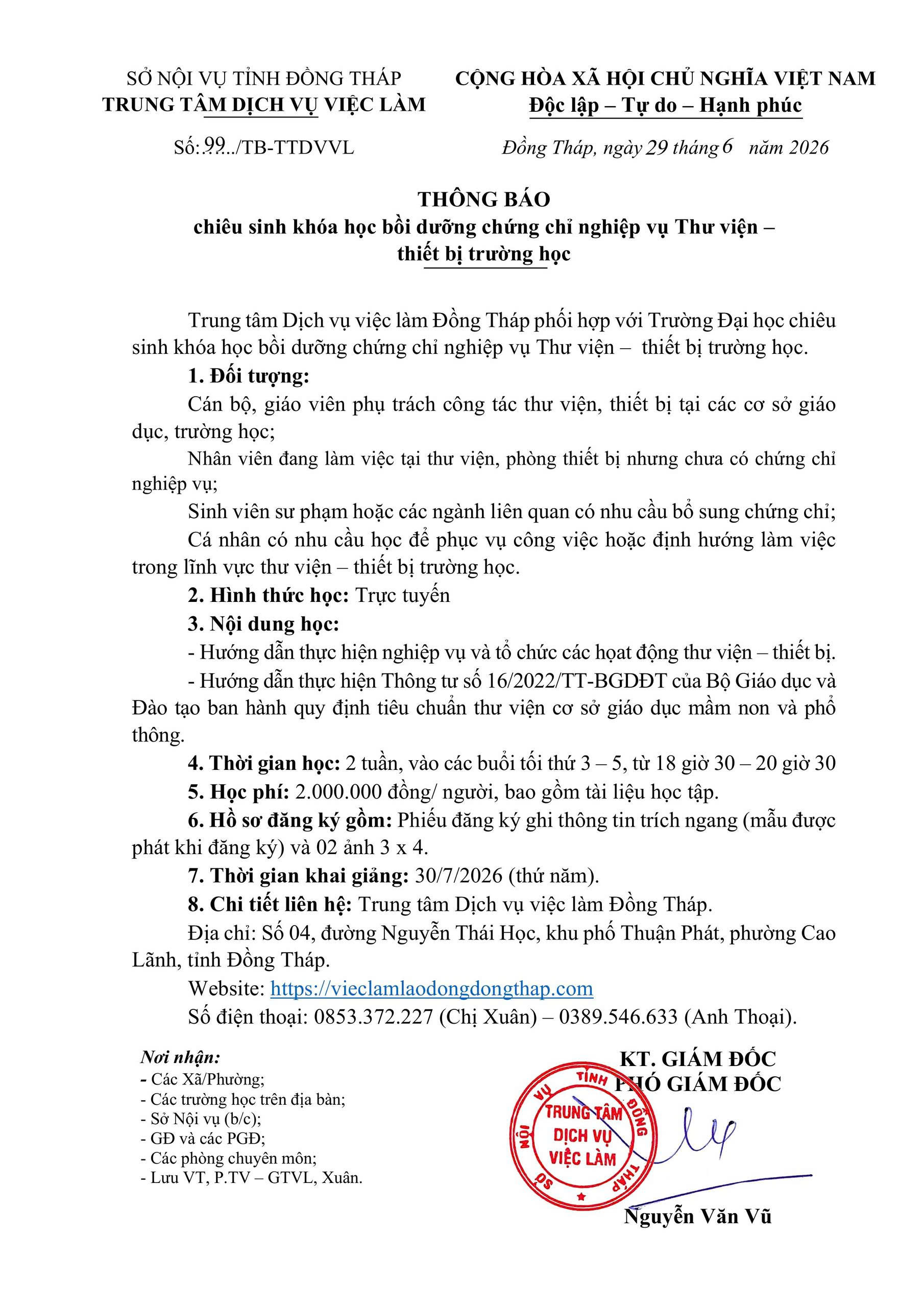 THÔNG BÁO CHIÊU SINH KHÓA HỌC BỒI DƯỠNG CHỨNG CHỈ NGHIỆP VỤ THƯ VIỆN – THIẾT BỊ TRƯỜNG HỌC