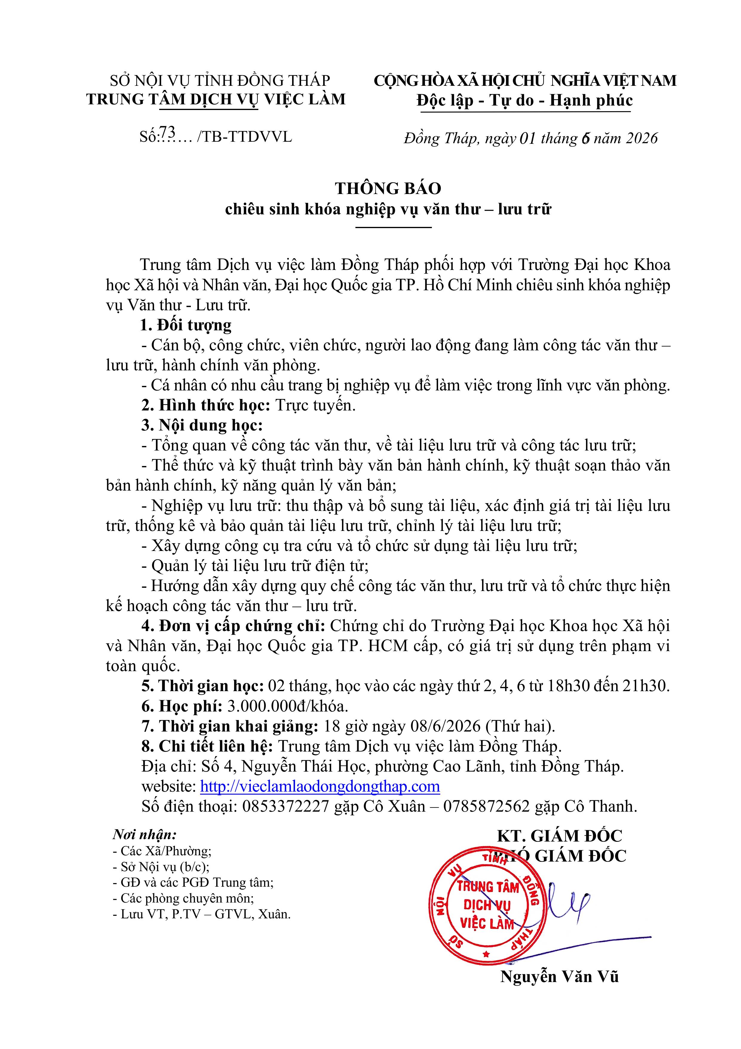 THÔNG BÁO CHIÊU SINH KHÓA NGHIỆP VỤ VĂN THƯ – LƯU TRỮ