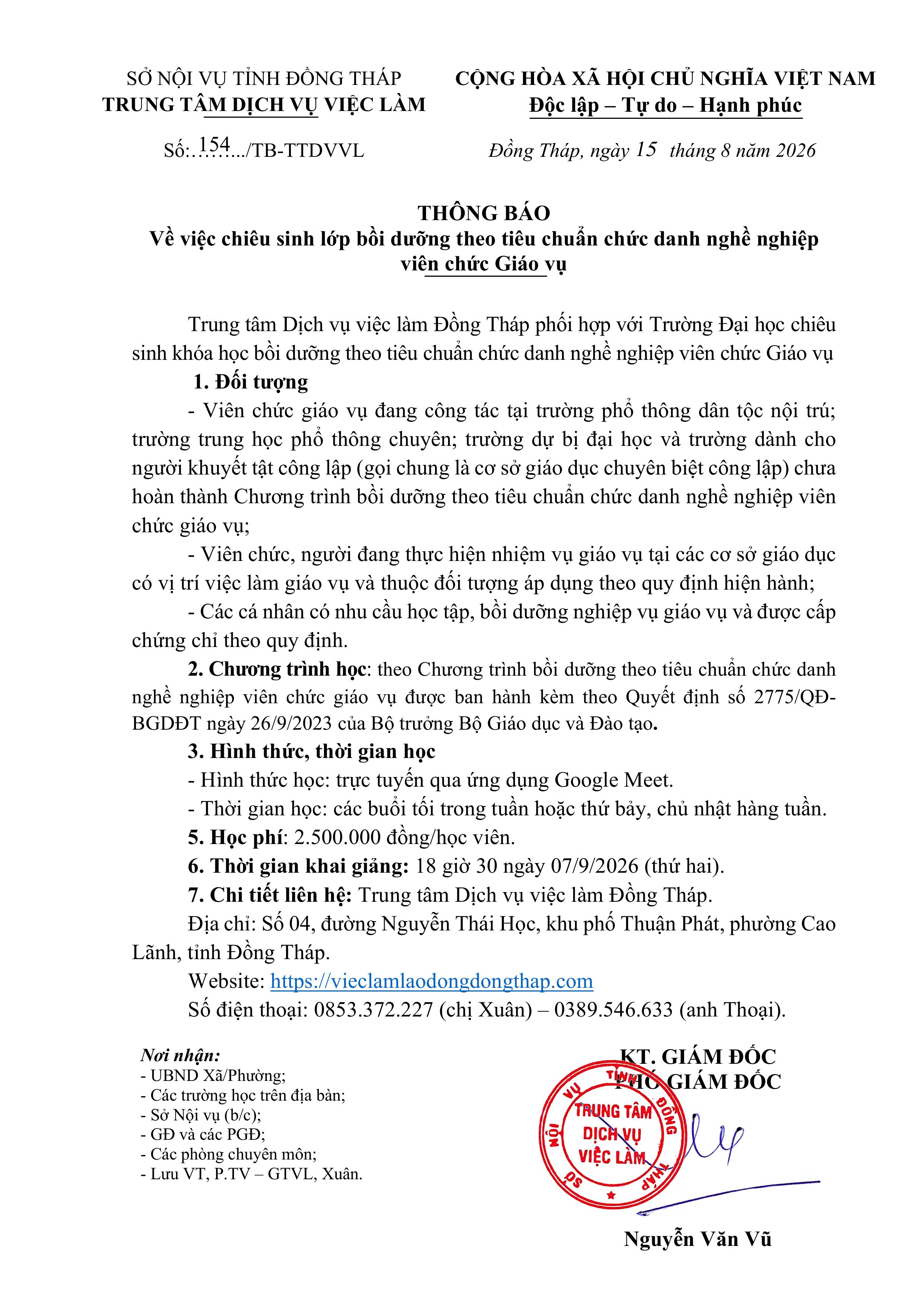 THÔNG BÁO VỀ VIỆC CHIÊU SINH LỚP BỒI DƯỠNG THEO TIÊU CHUẨN CHỨC DANH NGHỀ NGHIỆP VIÊN CHỨC GIÁO VỤ
