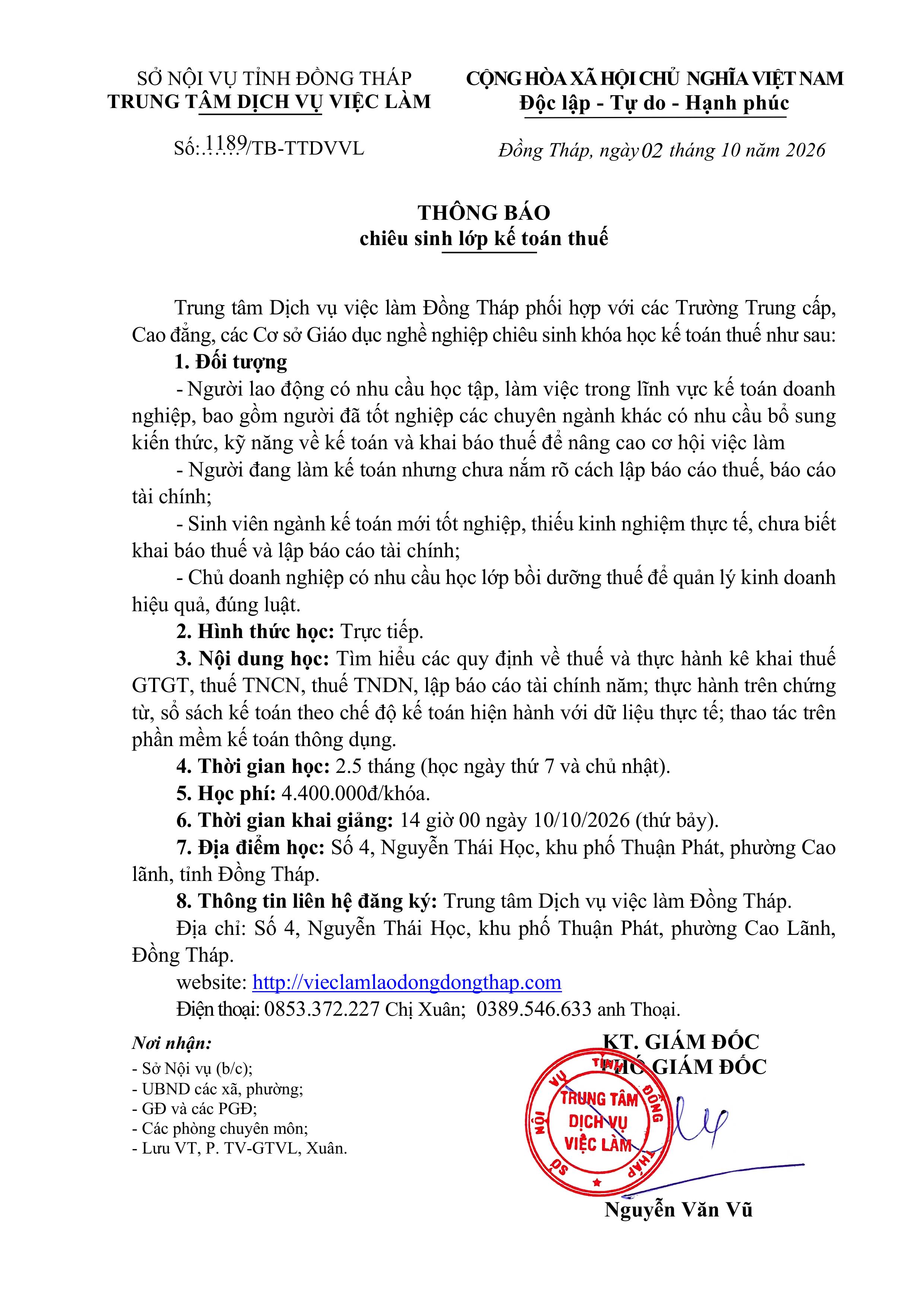 THÔNG BÁO CHIÊU SINH LỚP KẾ TOÁN THUẾ